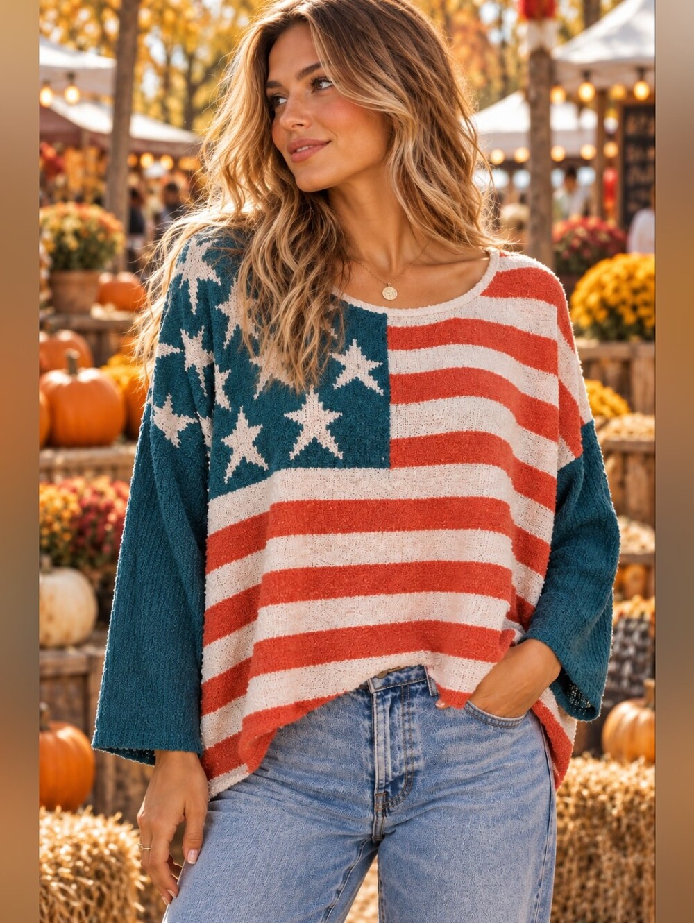 Miracle City Women's Patriotic Flag Sweater - Teal and Orange S/M NWT